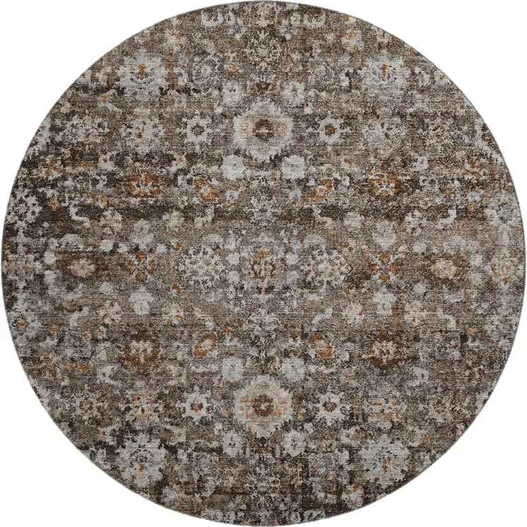 8' Chocolate And Ivory Oriental Washable Round Rug With UV Protection