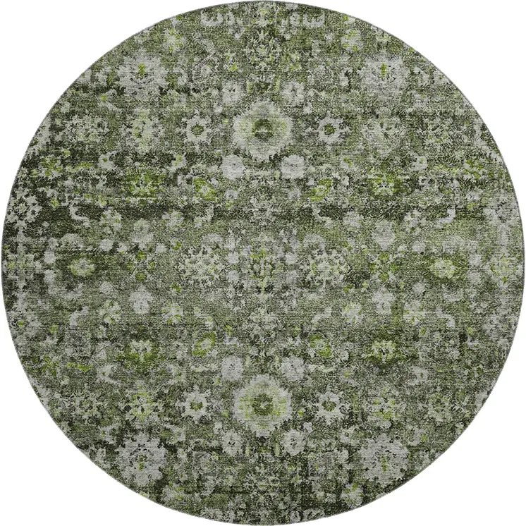 8' Green Ivory And Gray Oriental Washable Round Rug With UV Protection