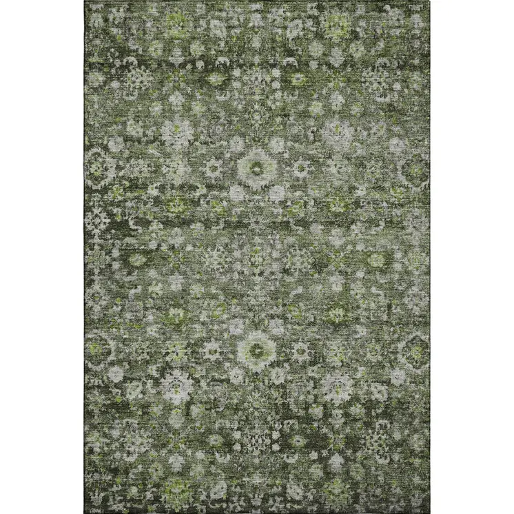 8' X 10' Green Ivory And Gray Oriental Washable Area Rug With UV Protection