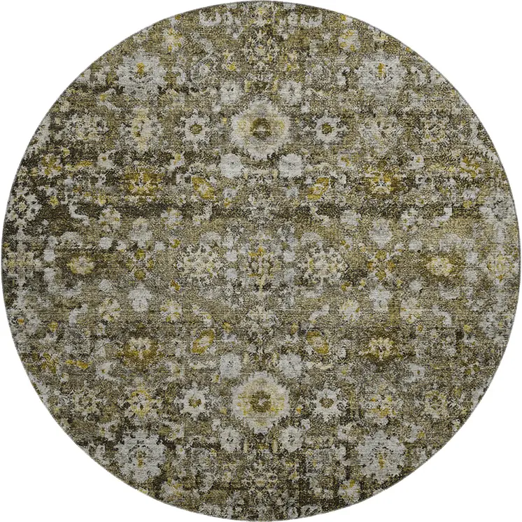 8' Coffee Ivory And Gold Oriental Washable Round Rug With UV Protection