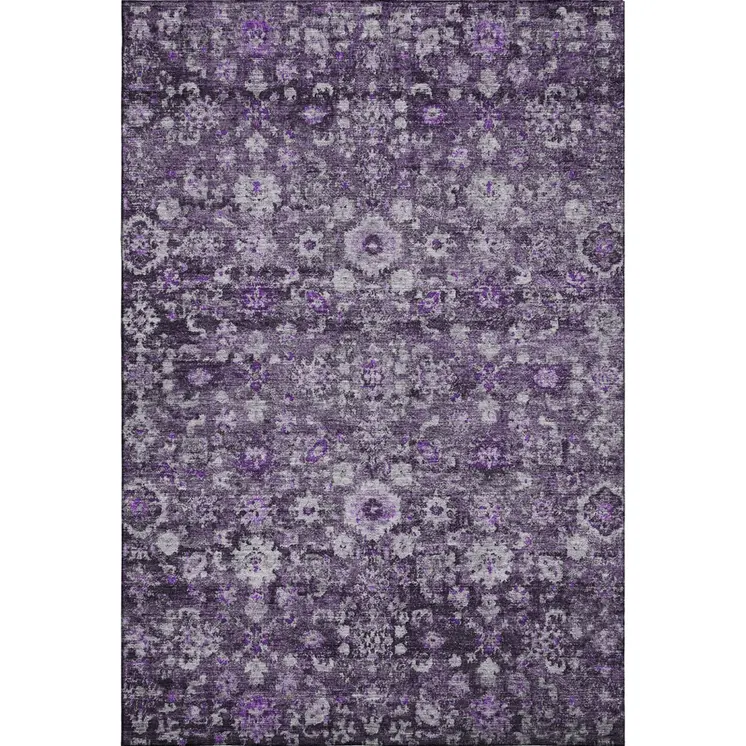 5' X 8' Purple And Ivory Oriental Washable Area Rug With UV Protection