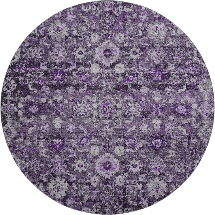 8' Purple And Ivory Oriental Washable Round Rug With UV Protection