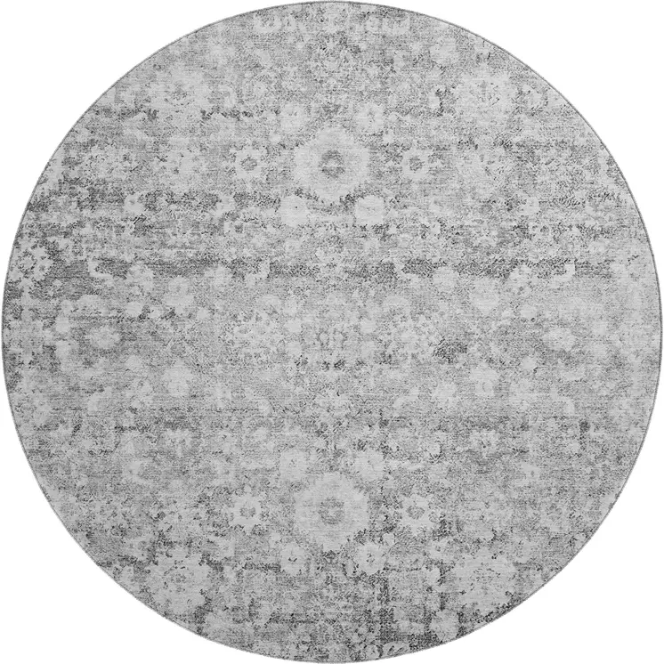 8' Silver And Gray Oriental Washable Round Rug With UV Protection
