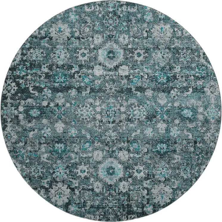 8' Teal And Aqua Oriental Washable Round Rug With UV Protection
