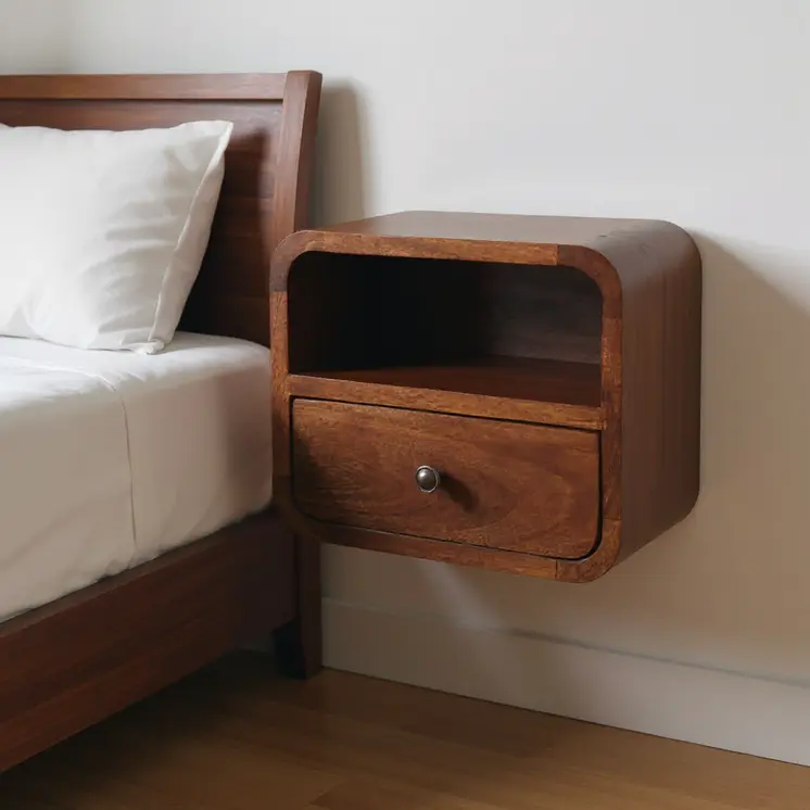 12" Brown Solid Wood Square One Drawer Floating Nightstand