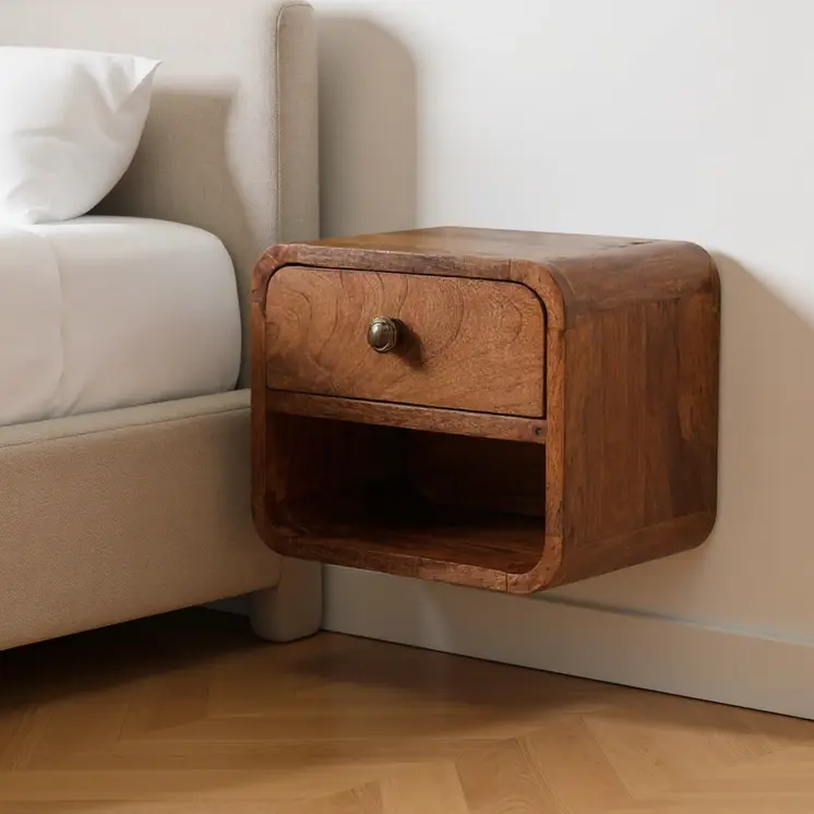 12" Brown Solid Wood Square One Drawer Floating Nightstand