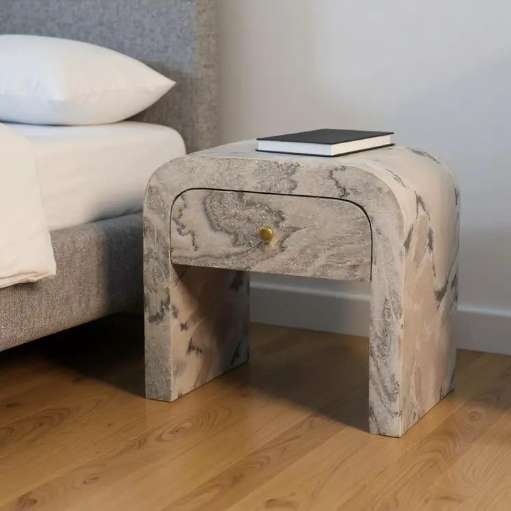 16" Beige And Gray Faux Marble One Drawer Nightstand