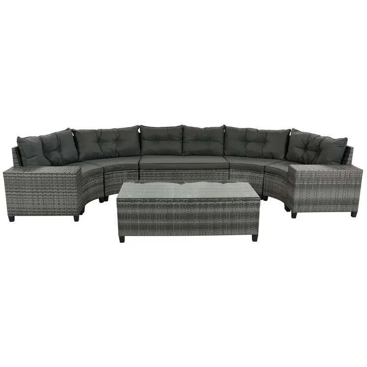 Eight Piece Gray and Black Wicker Upholstered Cushions Sectional Seating Group With Table