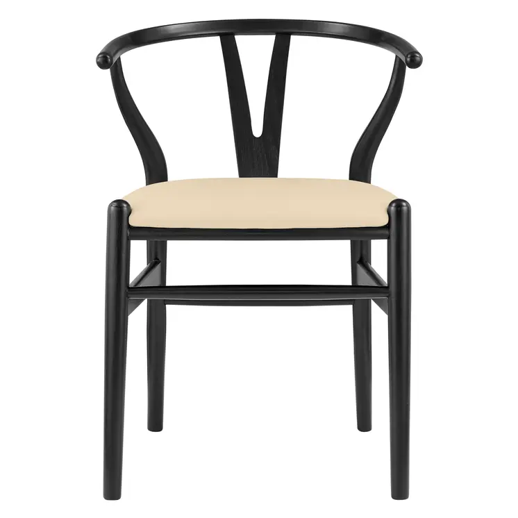 Set of Two Natural and Black Upholstery Wishbone Back Dining Arm Chairs