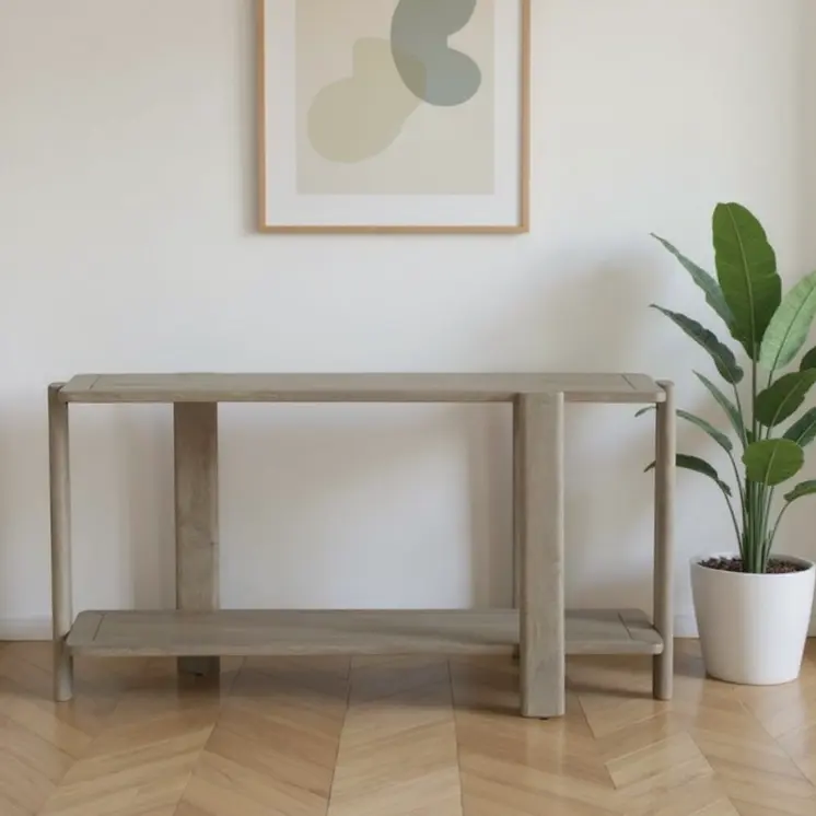 54" Natural Solid Wood Distressed Console Table With Shelf