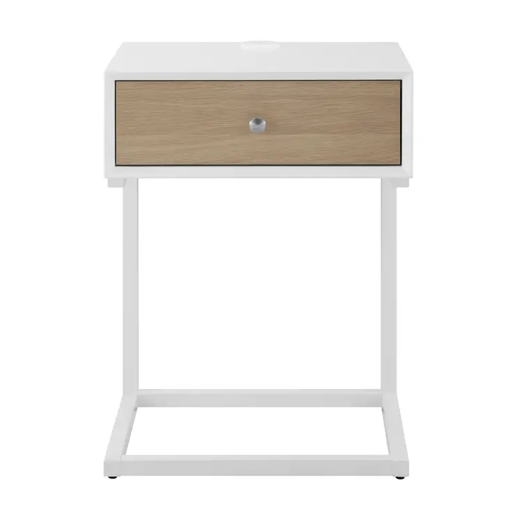 25" White Wood and Steel Frame End Table With Drawer And USB Port