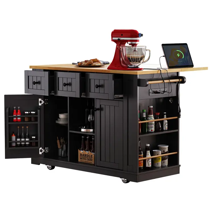 53" Black Wood Rolling Kitchen Island With Storage