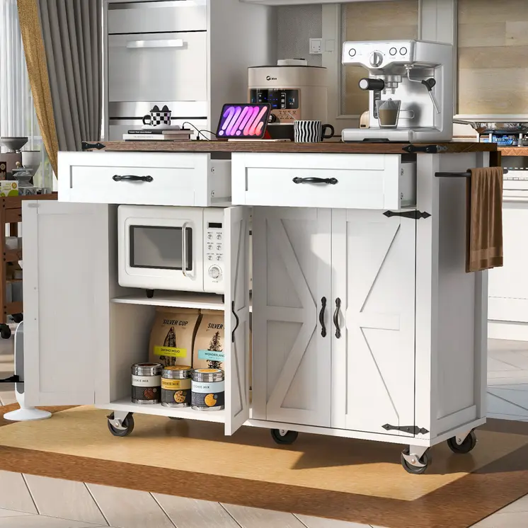 54" White Wood Rolling Kitchen Island