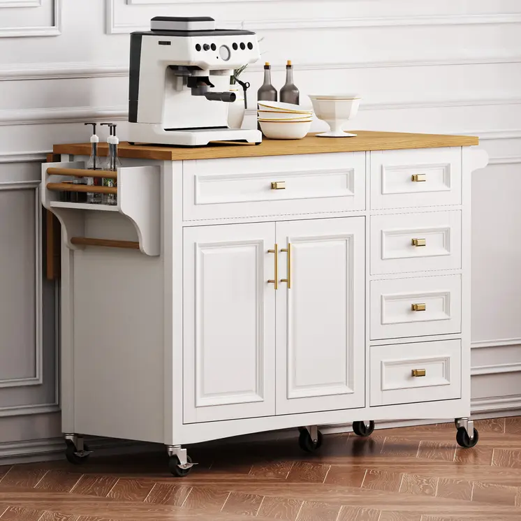 52" White Wood Rolling Kitchen Island