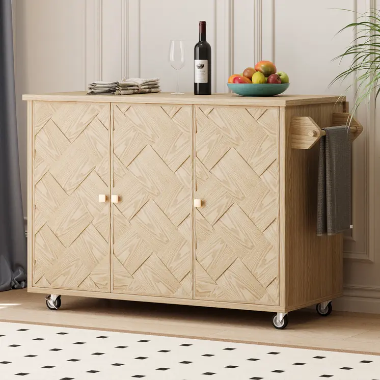 51" Natural Wood Rolling Kitchen Island
