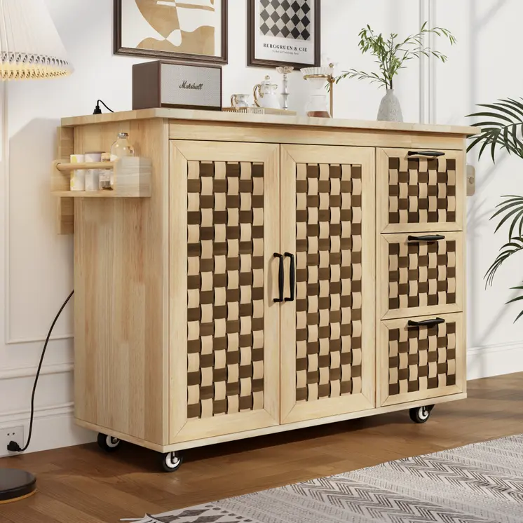 53" Natural Wood Rolling Kitchen Island