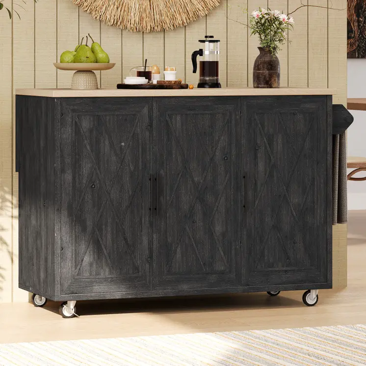 51" Black Wood Rolling Kitchen Island