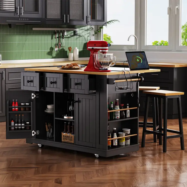 53" Black Wood Rolling Kitchen Island Set With Storage