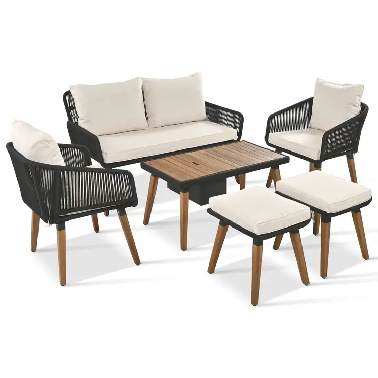 Four Piece Gray and Beige Wicker Upholstered Cushions Sofa Seating Group With Table