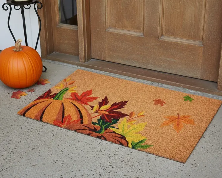 24" X 36" Brown And Natural Fall Pumpkins and Leaves Outdoor Coir Door Mat