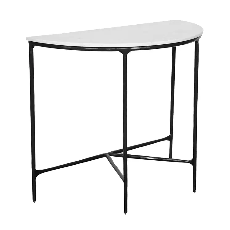 36" White and Black Genuine Marble and Iron Console Table