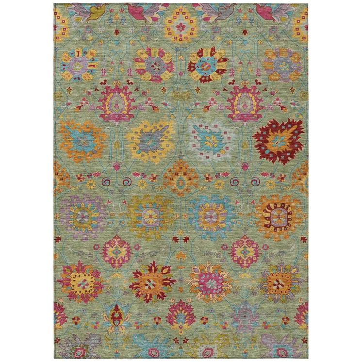 5' X 8' Artichoke Green Gold And Pink Damask Washable Indoor Outdoor Area Rug