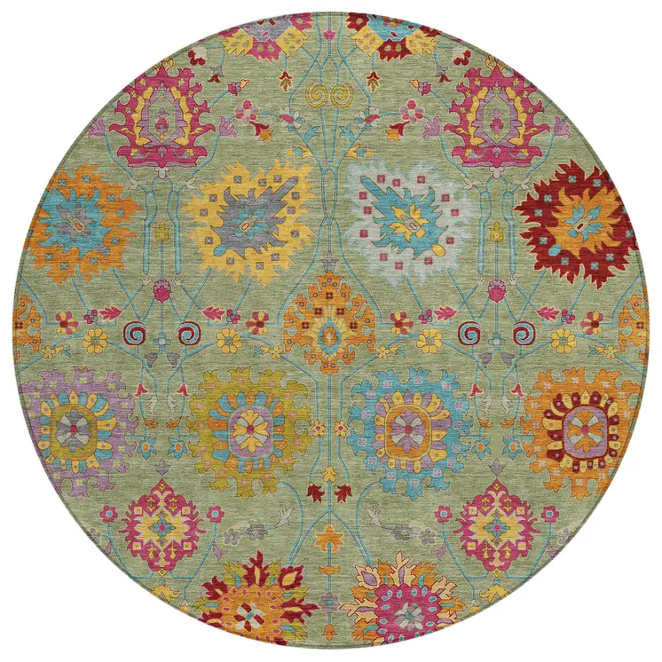 8' Artichoke Green Gold And Pink Round Damask Washable Indoor Outdoor Area Rug