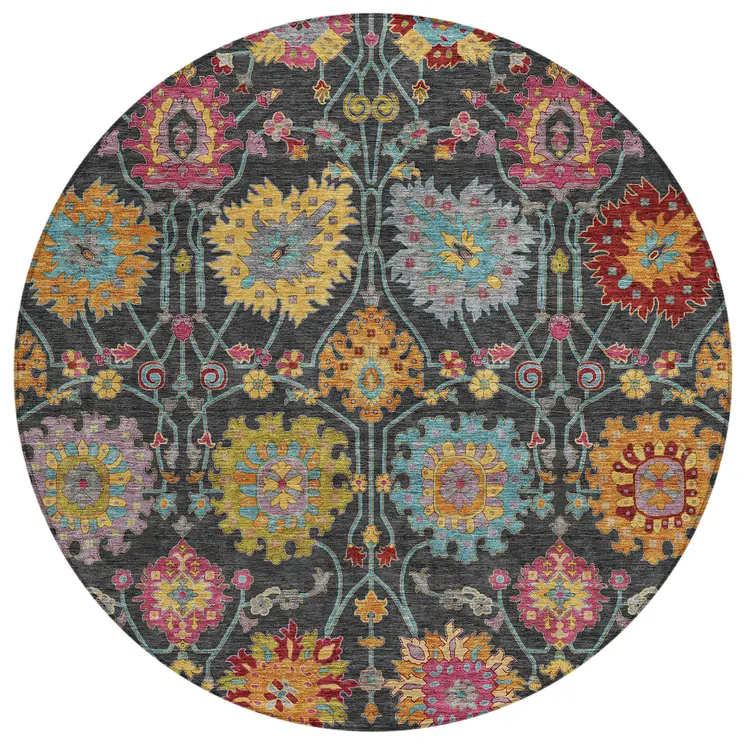 8' Black Gold And Pink Round Damask Washable Indoor Outdoor Area Rug