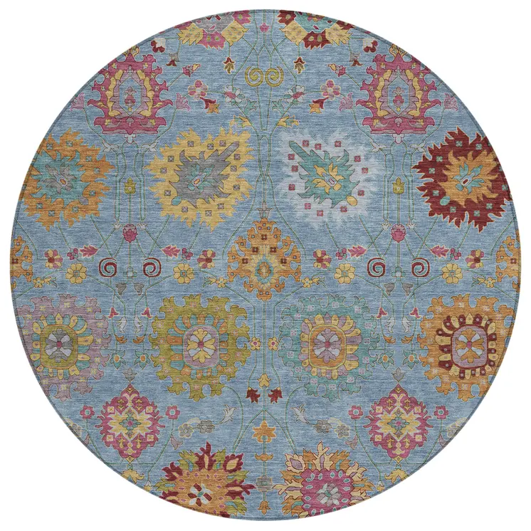 8' Blue Gold And Pink Round Damask Washable Indoor Outdoor Area Rug