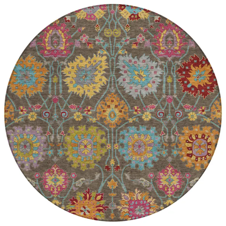 8' Chocolate Gold And Pink Round Damask Washable Indoor Outdoor Area Rug