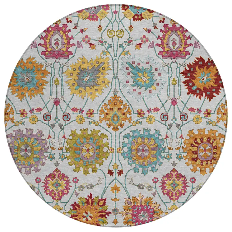 8' Ivory Gold And Pink Round Damask Washable Indoor Outdoor Area Rug
