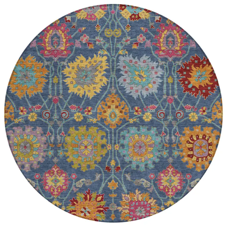 8' Navy Blue Gold And Pink Round Damask Washable Indoor Outdoor Area Rug