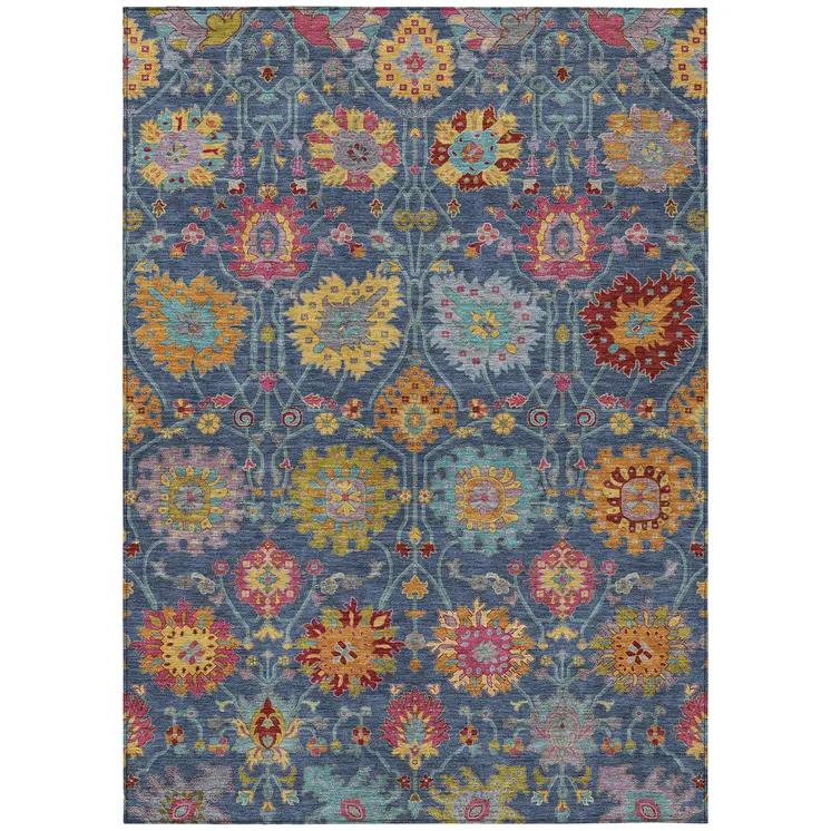 8' X 10' Navy Blue Gold And Pink Damask Washable Indoor Outdoor Area Rug