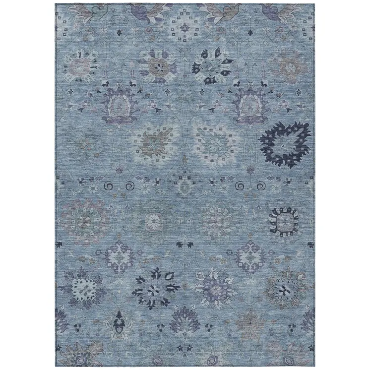 8' X 10' Denim Blue And Gray Damask Washable Indoor Outdoor Area Rug