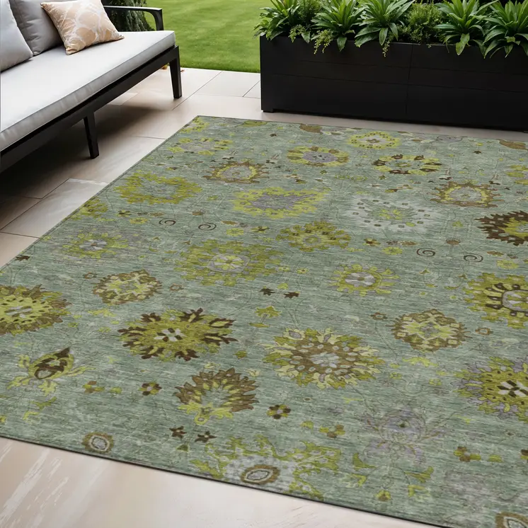 5' X 8' Fern Green And Gray Damask Washable Indoor Outdoor Area Rug
