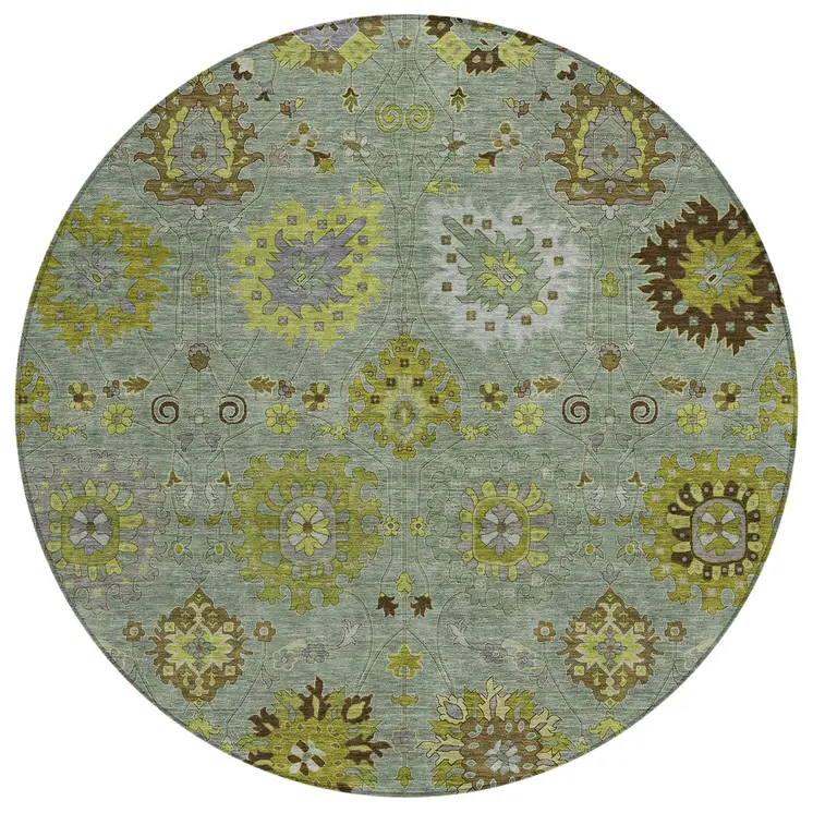 8' Fern Green And Gray Round Damask Washable Indoor Outdoor Area Rug