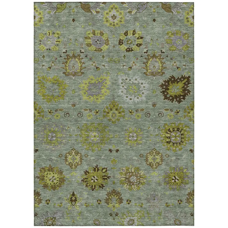 10' X 14' Fern Green And Gray Damask Washable Indoor Outdoor Area Rug