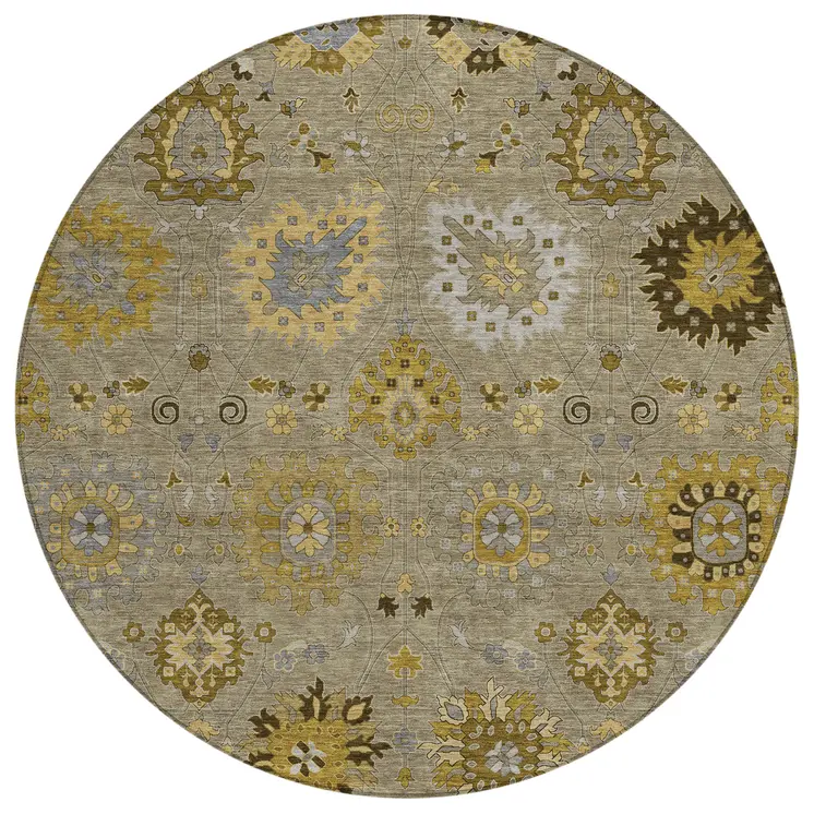 8' Khaki Gold And Gray Round Damask Washable Indoor Outdoor Area Rug