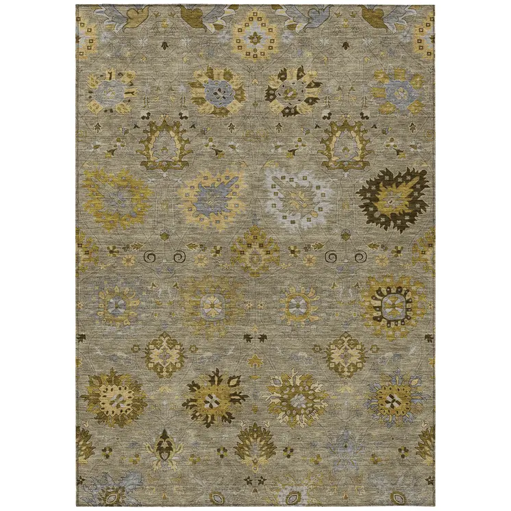 10' X 14' Khaki Gold And Gray Damask Washable Indoor Outdoor Area Rug
