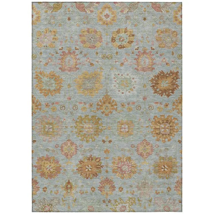 10' X 14' Pale Aqua And Gold Damask Washable Indoor Outdoor Area Rug