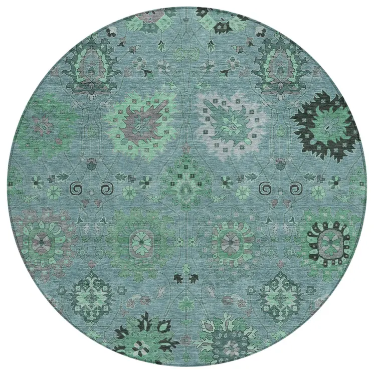 8' Teal Blue And Gray Round Damask Washable Indoor Outdoor Area Rug