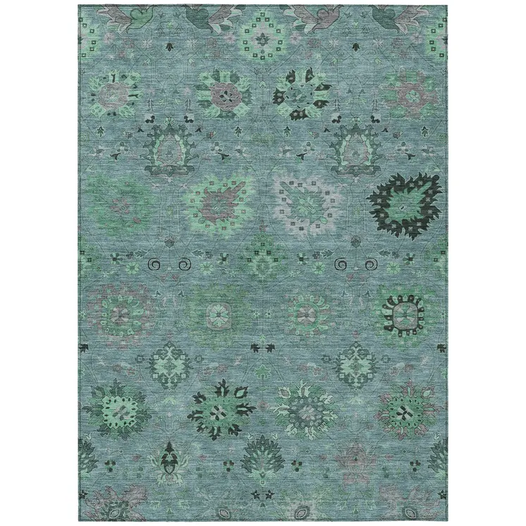 8' X 10' Teal Blue And Gray Damask Washable Indoor Outdoor Area Rug