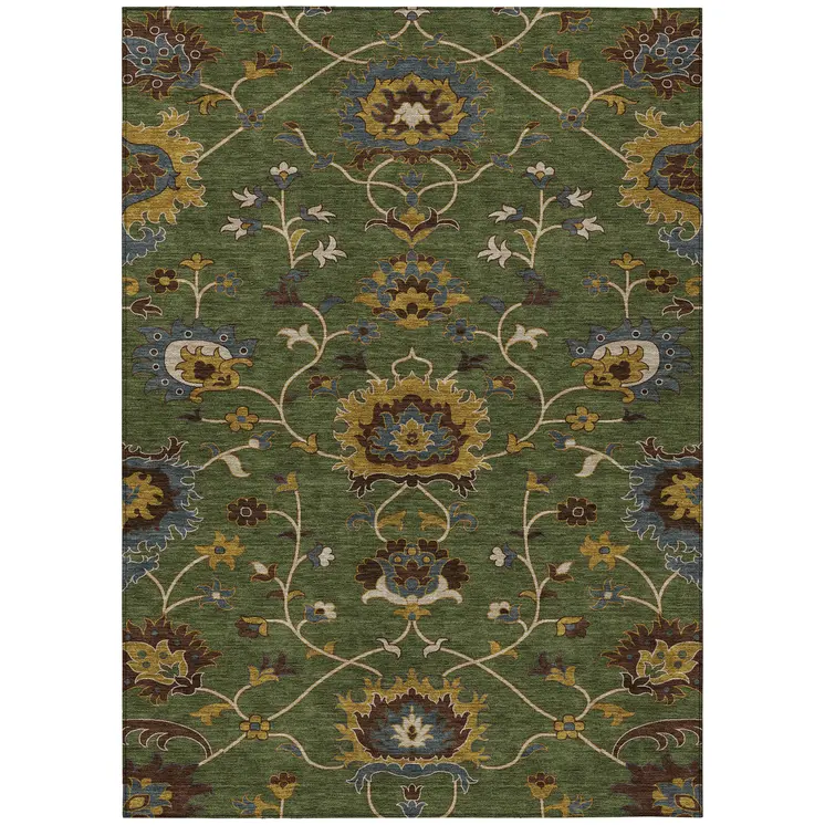 3' X 5' Artichoke Green Gold And Blue Floral Washable Indoor Outdoor Area Rug
