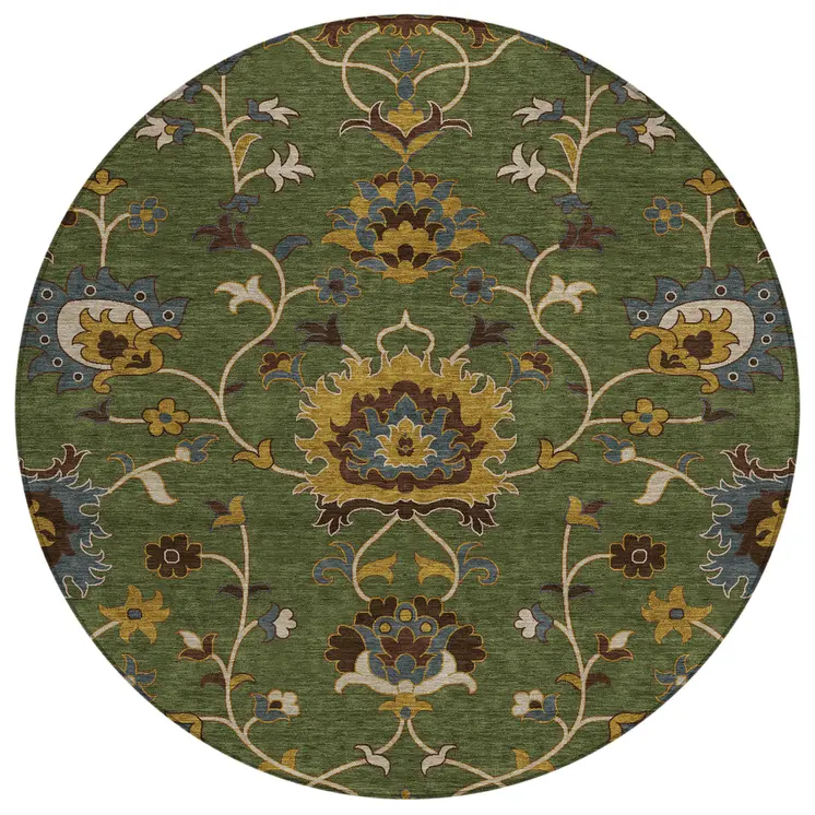 8' Artichoke Green Gold And Blue Round Floral Washable Indoor Outdoor Area Rug