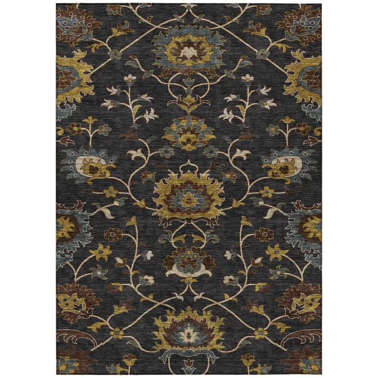 3' X 5' Black Gold And Blue Floral Washable Indoor Outdoor Area Rug