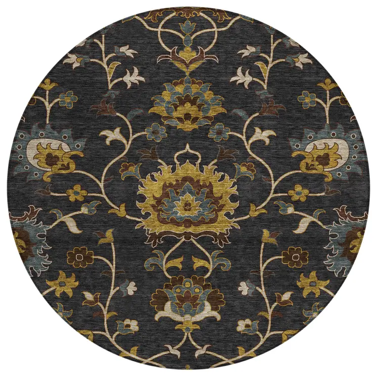 8' Black Gold And Blue Round Floral Washable Indoor Outdoor Area Rug