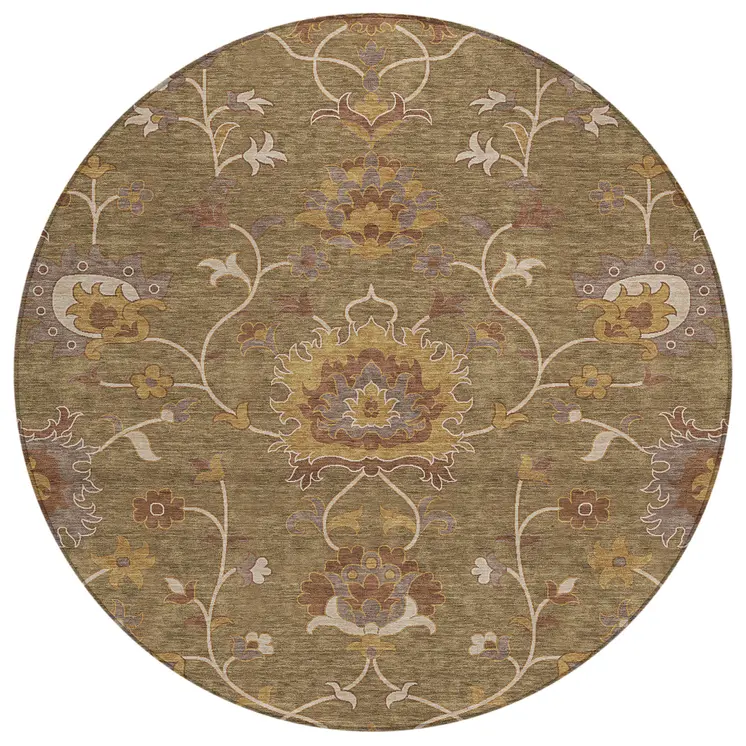 8' Brown And Beige Round Floral Washable Indoor Outdoor Area Rug
