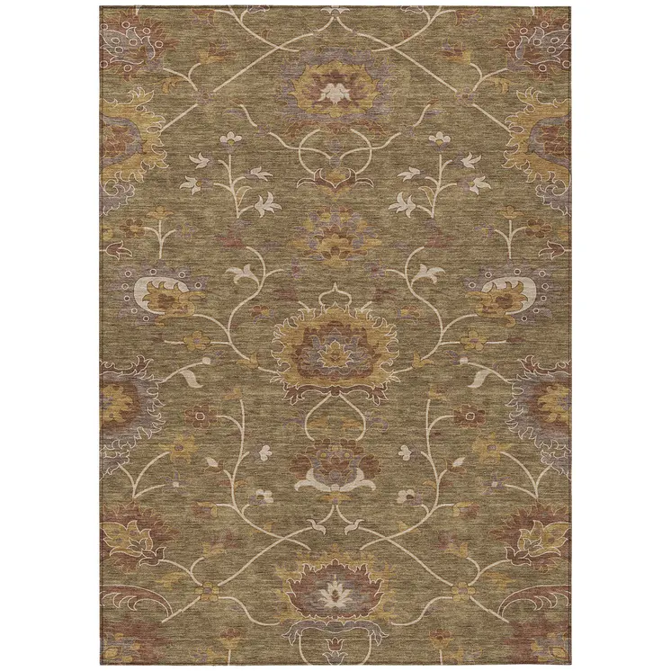 8' X 10' Brown And Beige Floral Washable Indoor Outdoor Area Rug