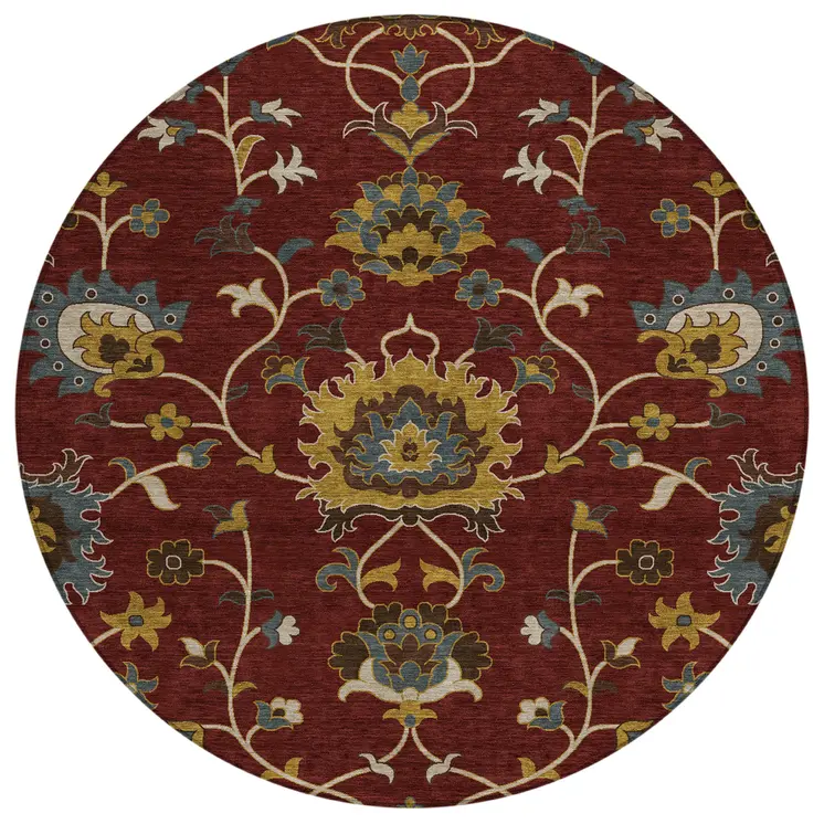 8' Burgundy Gold And Gray Round Floral Washable Indoor Outdoor Area Rug