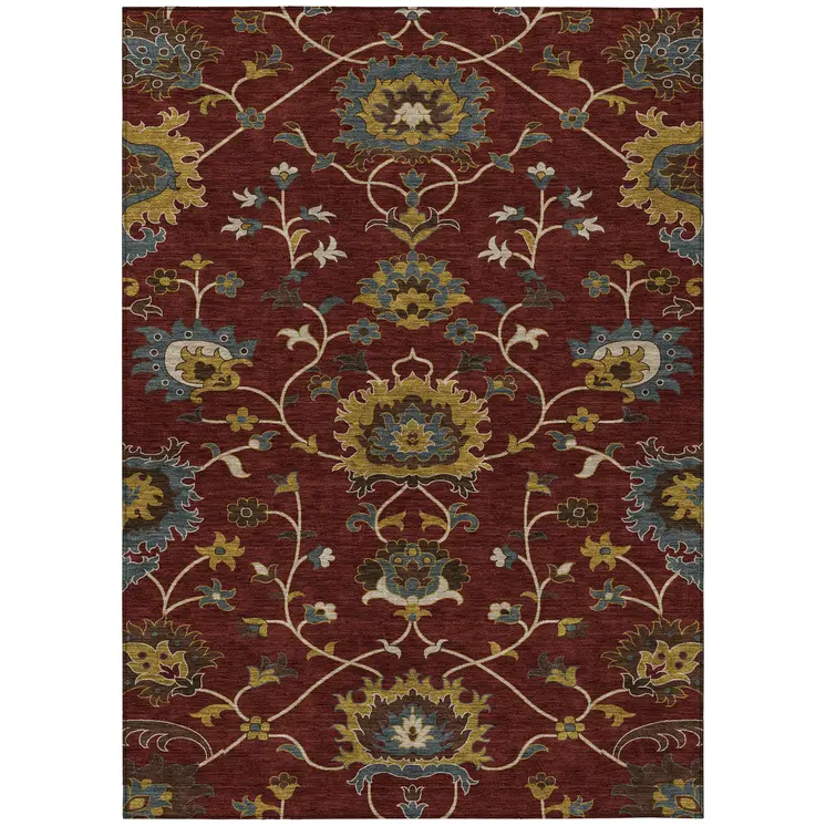 8' X 10' Burgundy Gold And Gray Floral Washable Indoor Outdoor Area Rug